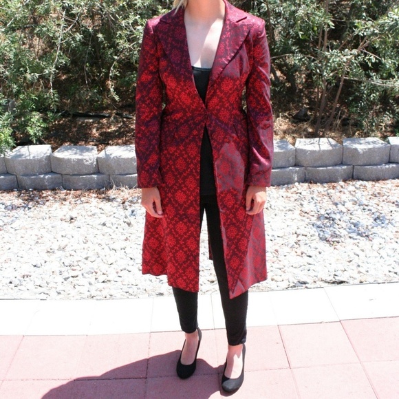 Bebe Red Metallic Patterned A-line Long Coat - Picture 3 of 4